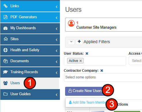 Creating a new user - Select Users, hover Create New Users, select Add Site Team Member