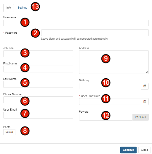 User information form with numbered fields