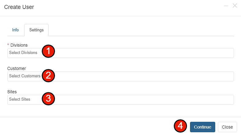 Settings tab showing Divisions, Customer, and Sites selection