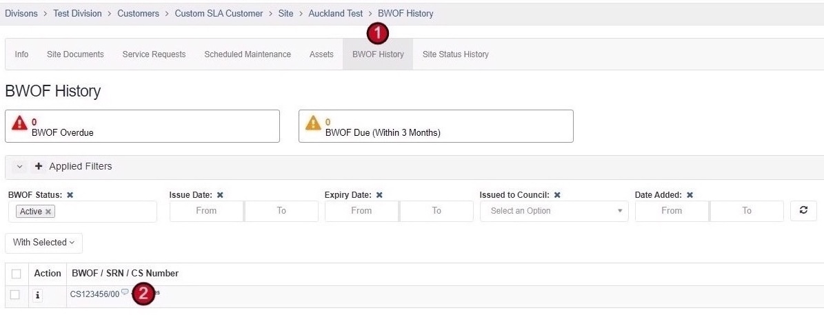 Current BWOF section within a Site record