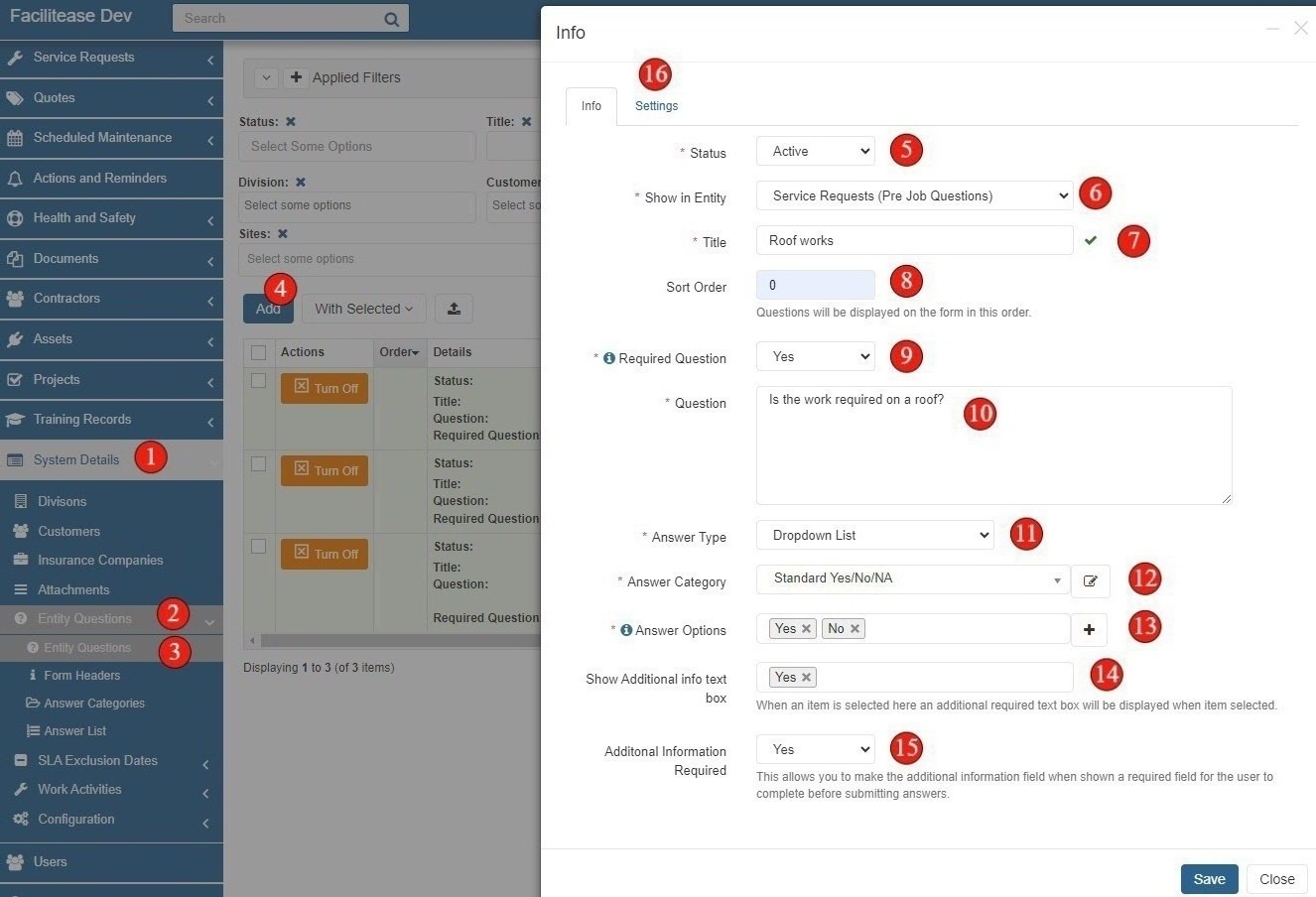 Entity Questions Info form with numbered fields