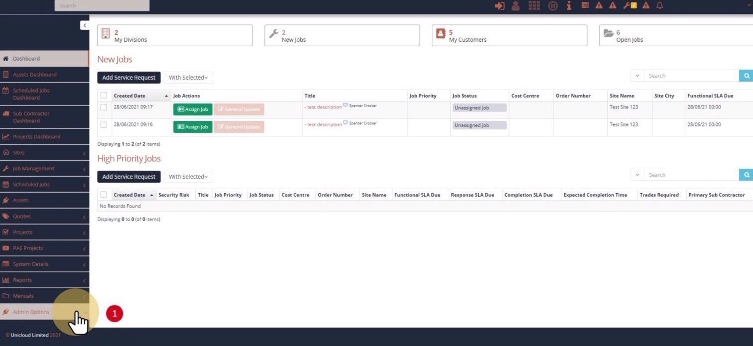 Select Admin Options menu showing Global Lists option