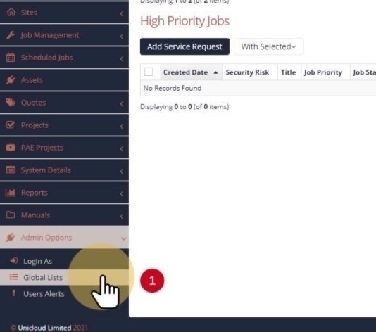 Global Lists menu item highlighted in Admin Options