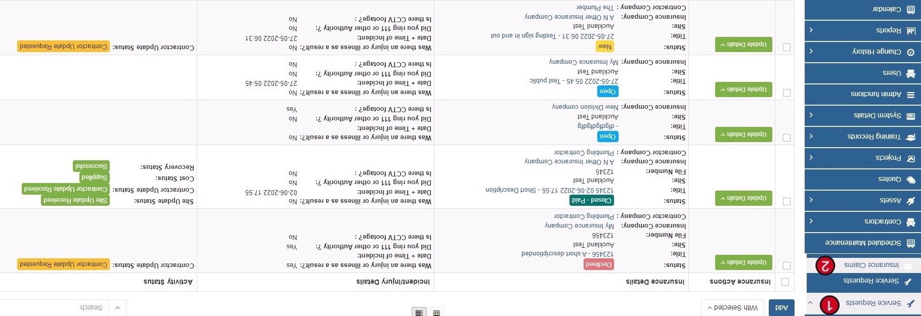 Insurance Claims section in Service Request
