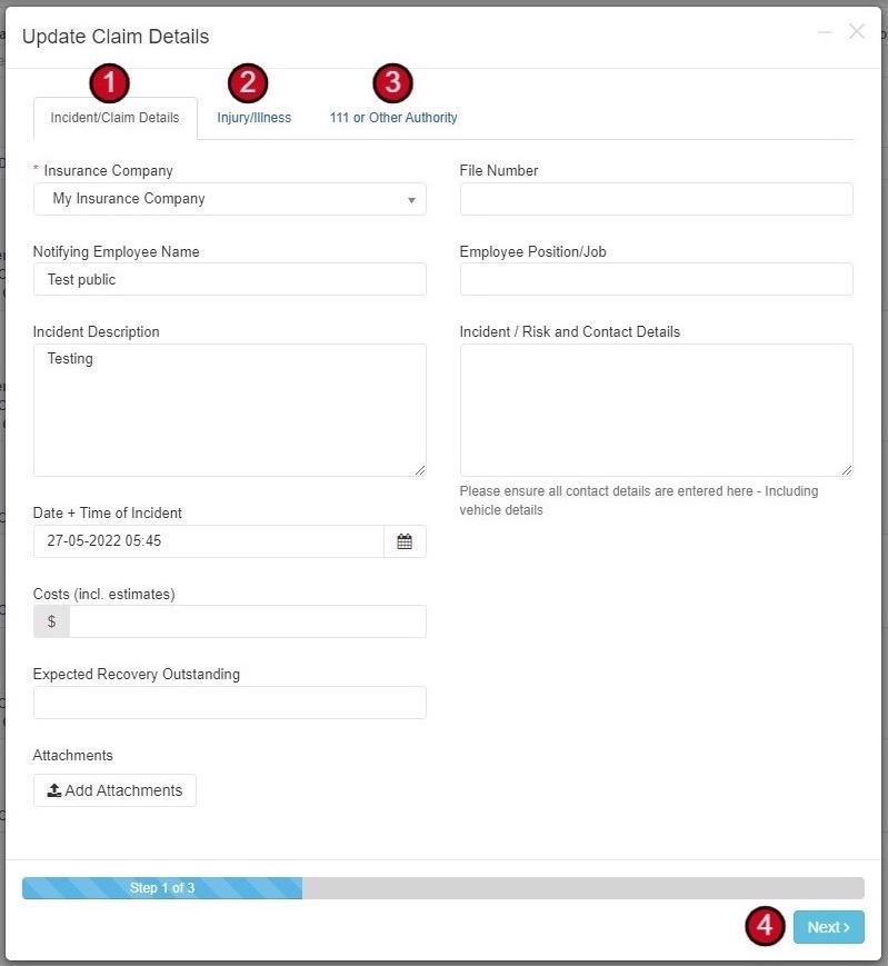 Add Costs form
