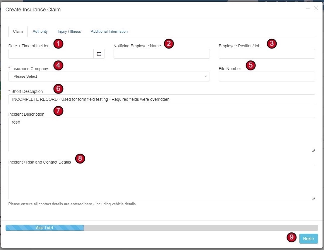 Create Insurance Claim from More Actions menu