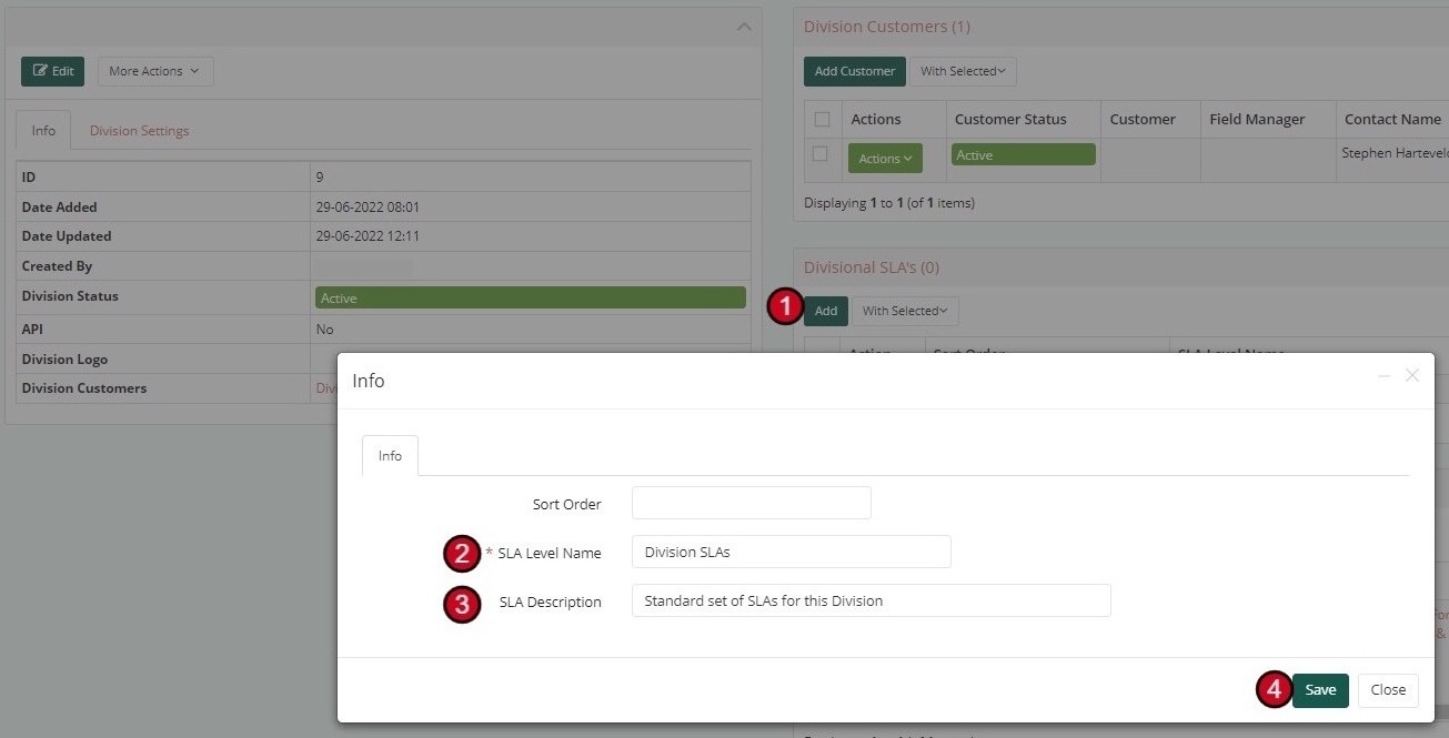 Division SLA creation dialog showing name and description fields