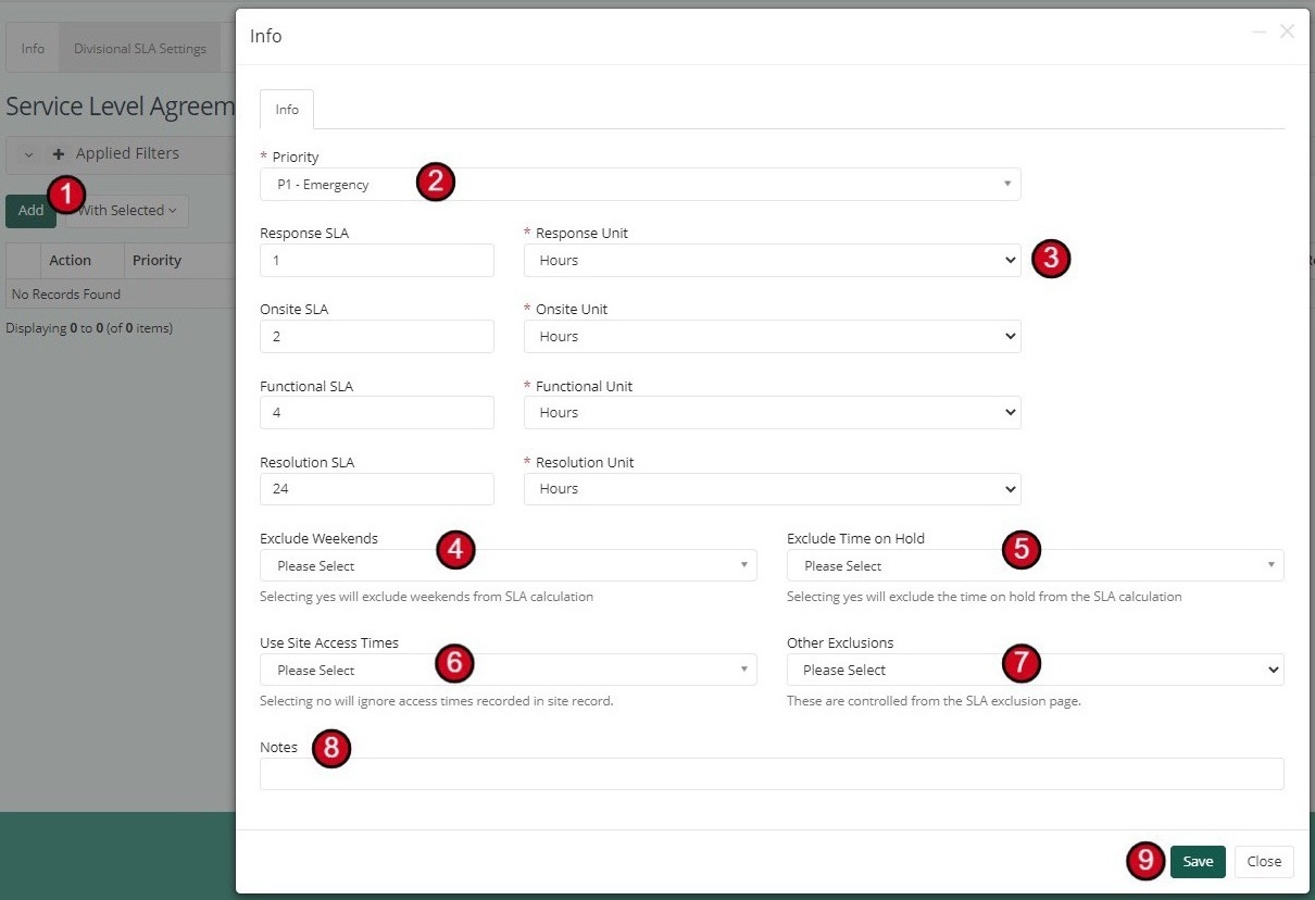 Division SLA Settings form showing priority, SLA times, and exclusion options