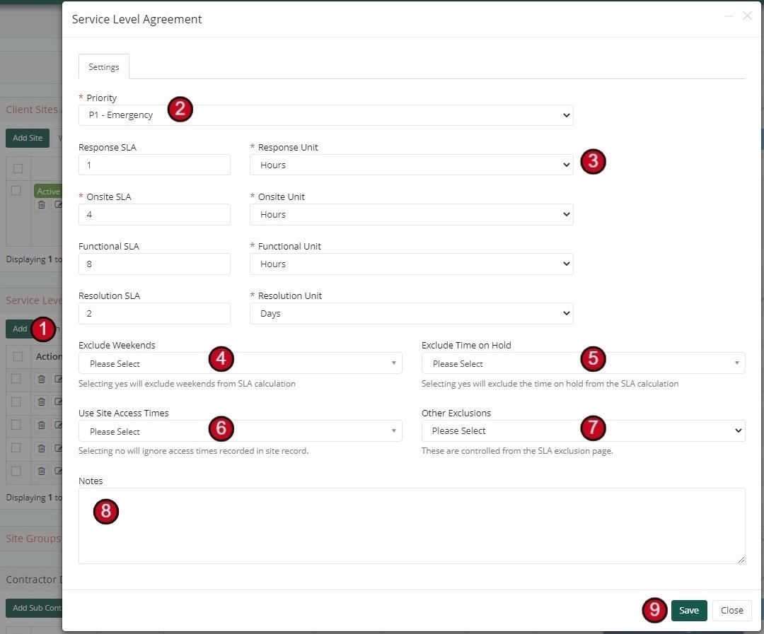Customer SLA Settings form showing priority selection and SLA time configuration