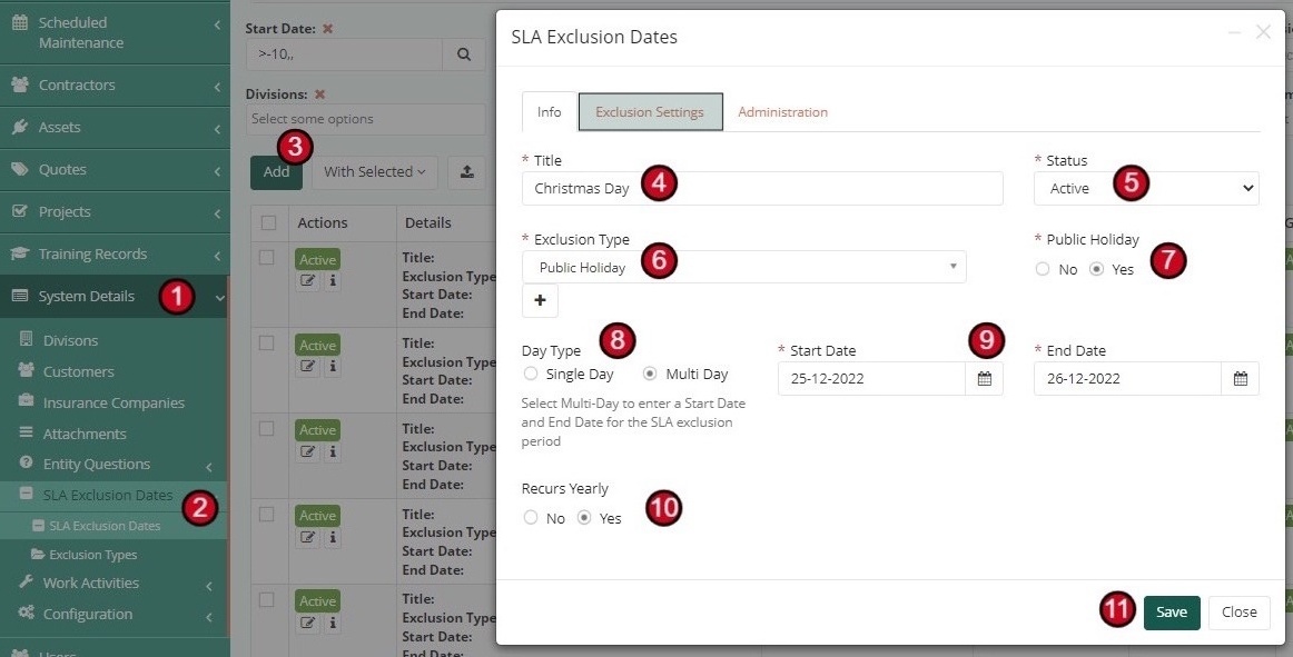 SLA Exclusion Dates form showing date type, public holiday flag, and recurring options