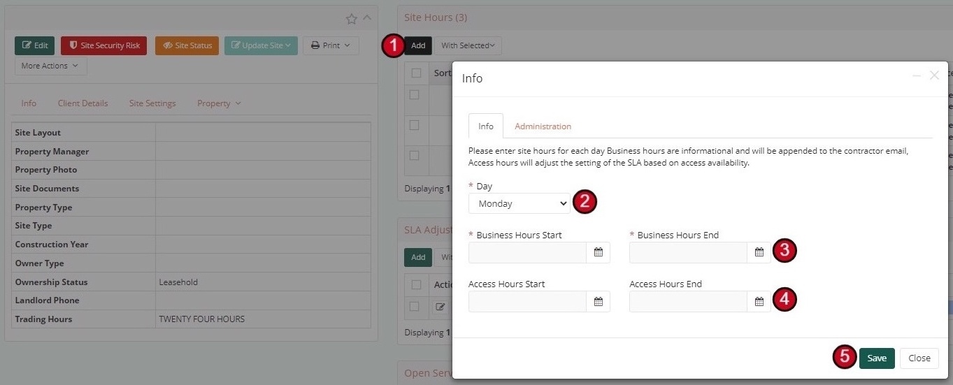 Site Hours form showing business hours and access hours configuration