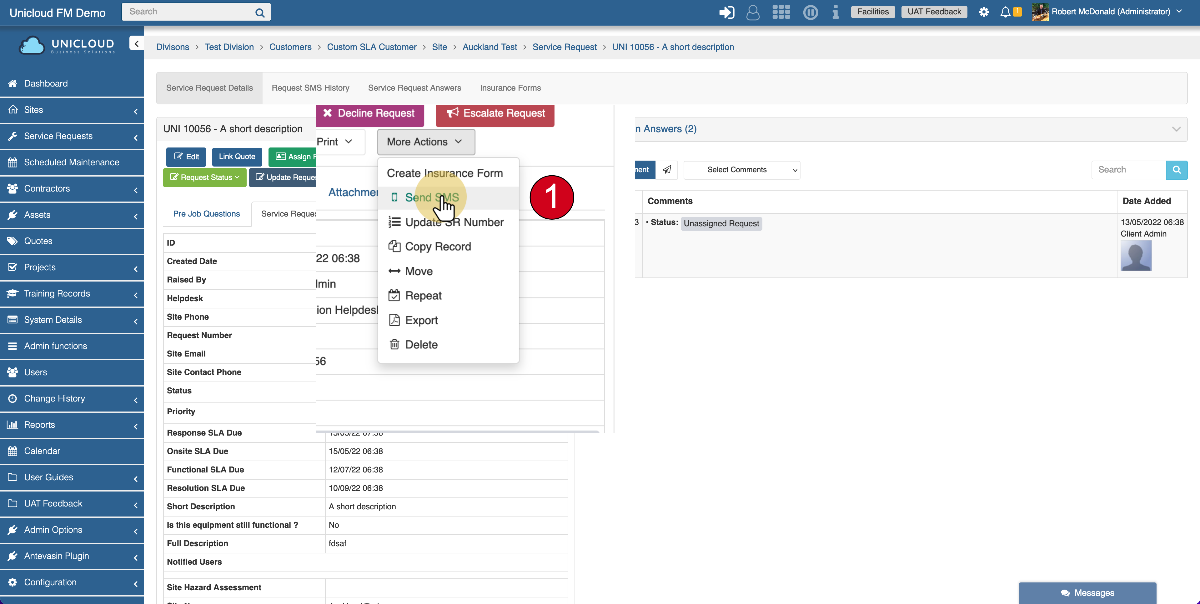 More Actions dropdown with Send SMS option