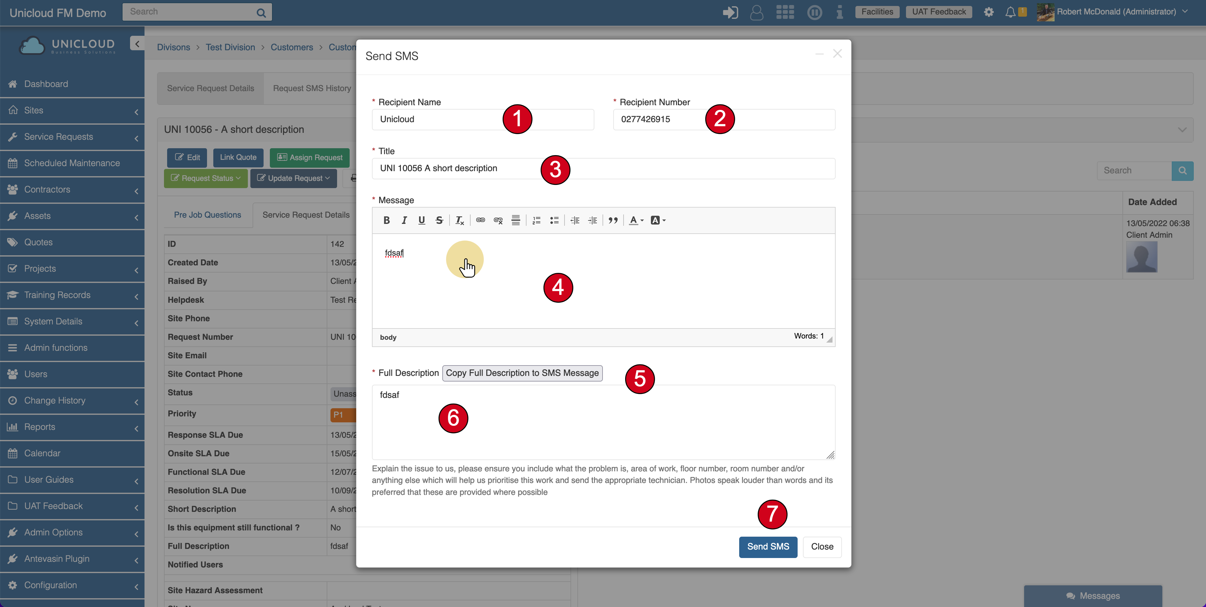 Send SMS form with recipient and message fields