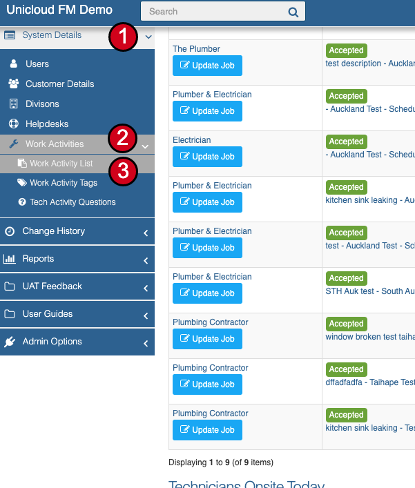 System Details menu showing Work Activities navigation