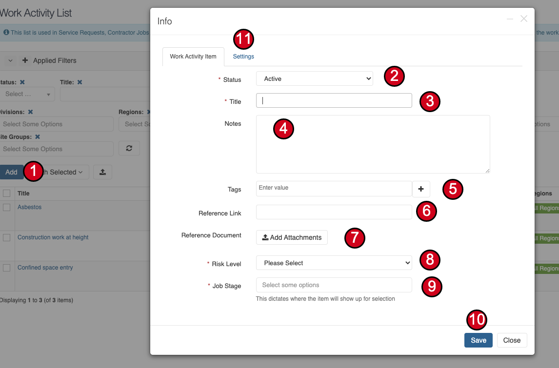 Add Work Activity Item form