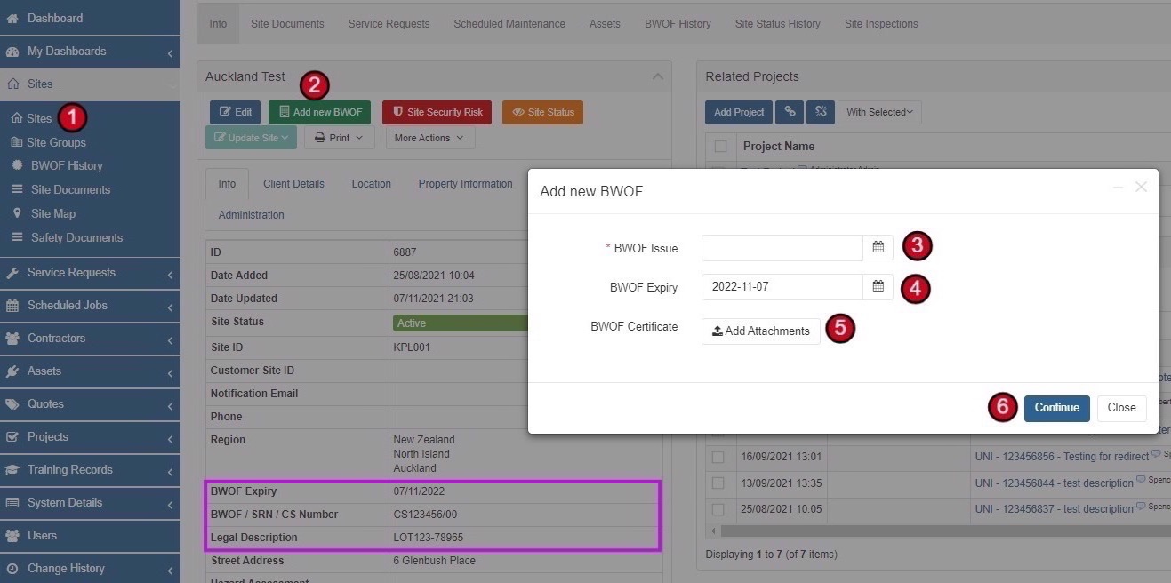 Site record with Add new BWOF button