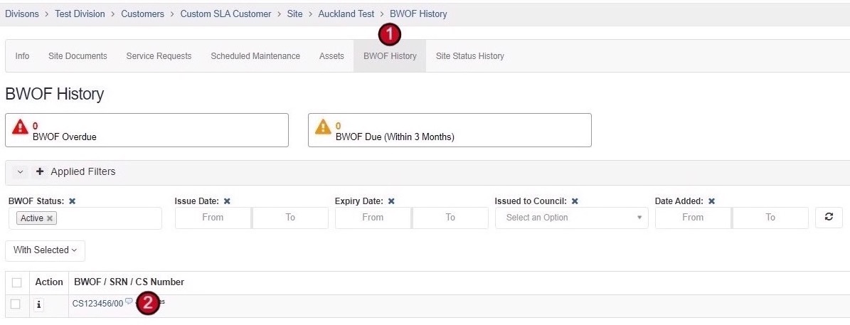 Current BWOF section within a Site record