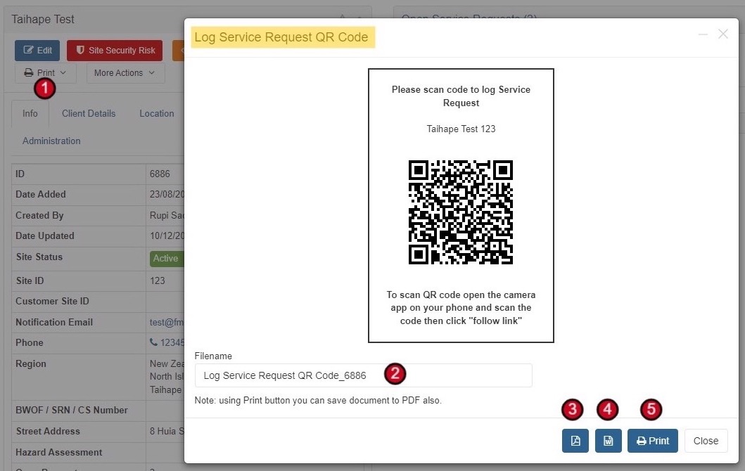 Site record showing the Print menu with QR code option