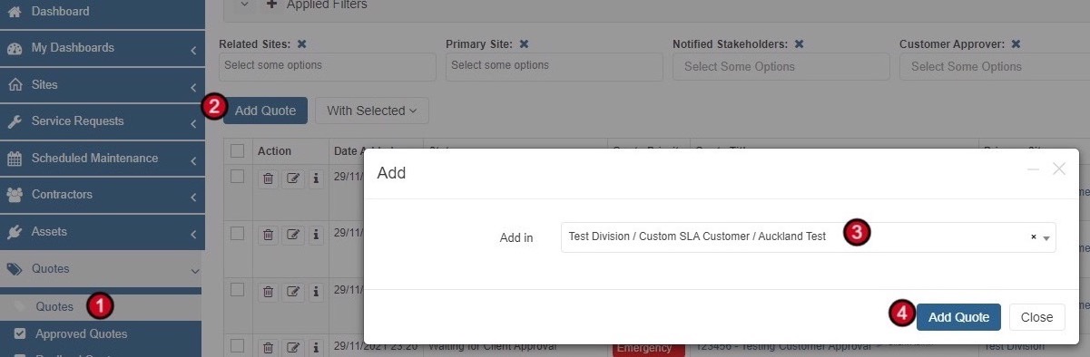Creating a new quote from the Quotes menu