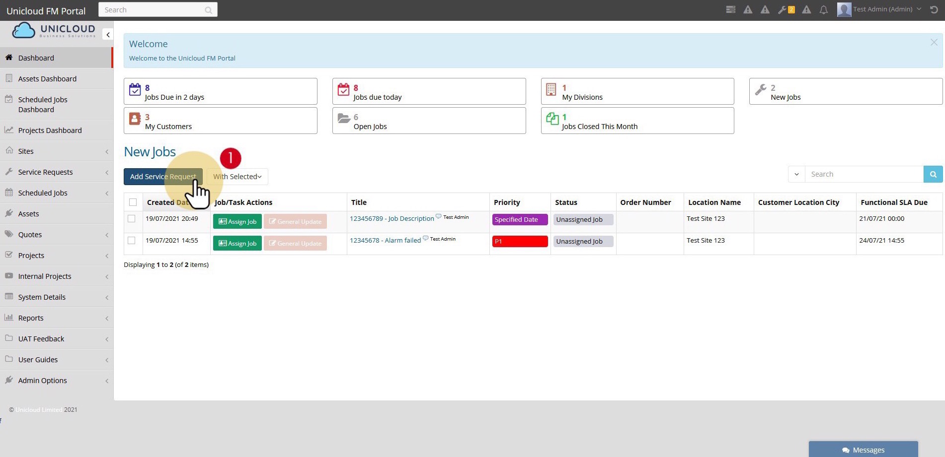 Dashboard showing Add Service Request button